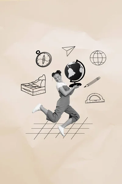 여학생 지구를 돌아다니며 연필로 나침반을 세계를 탐험하는 포스터 현수막 — 스톡 사진