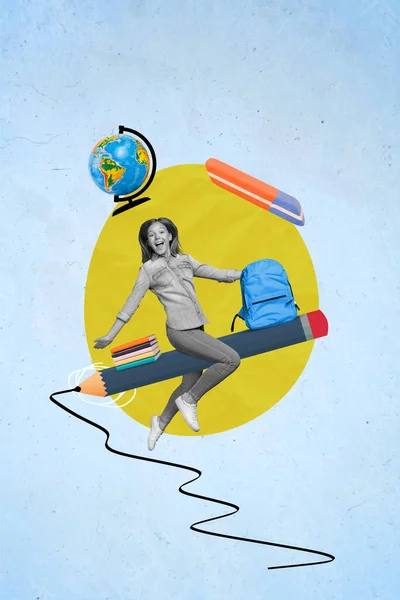 Modelo Colagem Anúncio Criativo Estudante Criança Animado Voando Fornecimento Escola — Fotografia de Stock