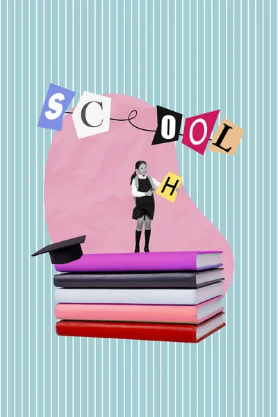 身着校服的小女孩的模版拼贴广告制作彩旗促销打折 — 图库照片
