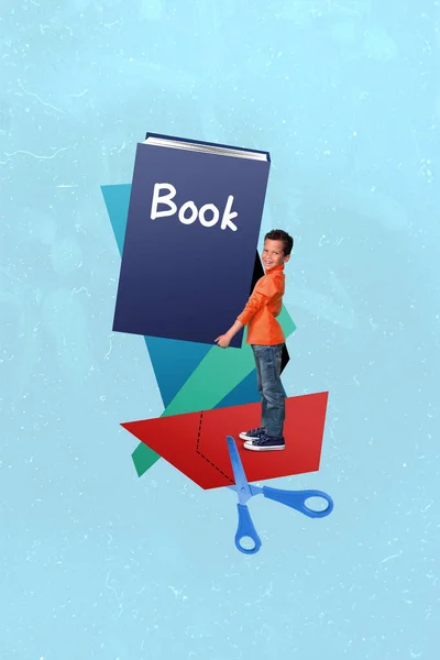 Kreatywna Reklama Kolaż Szablon Ucznia Chłopiec Trzymać Duży Podręcznik Czytania — Zdjęcie stockowe