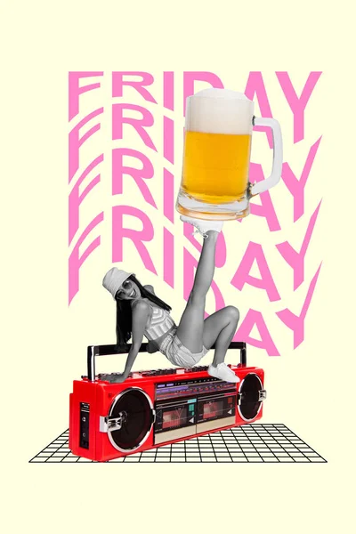Illustration Collage Young Woman Dancing Hipster Celebrate Friday Weekend Boombox — Stock Photo, Image