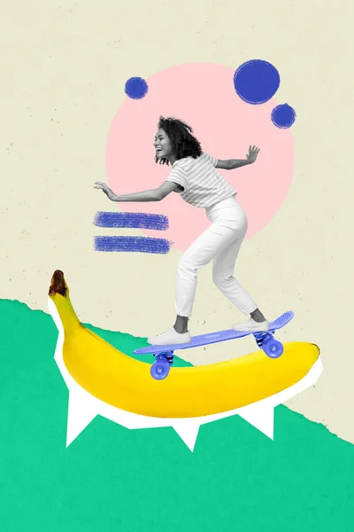 콜라주에 다니는 콜라주 취미는 스케이트타기에 바나나 열매를 후줄근하고 생활을 즐기며 — 스톡 사진