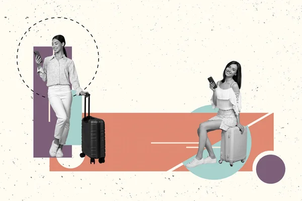 Gülümseyen Bayanların Kolaj Grafikleri Havaalanına Gidip Taksi Siparişi Vermeleri Modern — Stok fotoğraf