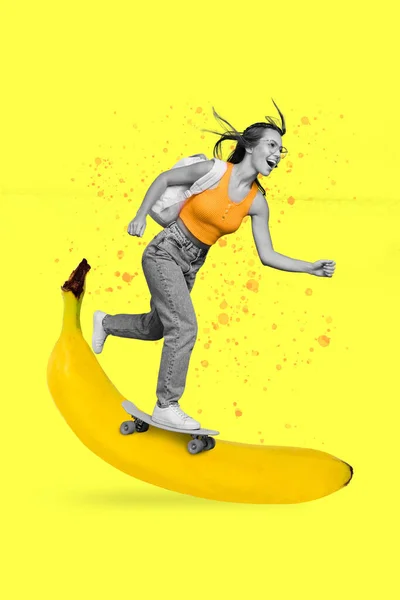 面白い若い女性のテンプレートカラフルな沼のコラージュは バックパックに乗るスケートボードバナナと冒険旅行を持っています — ストック写真