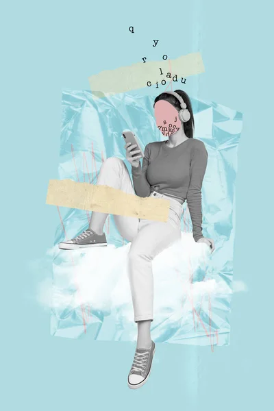 Soyut Sanat Eseri Kolajı Genç Kadın Müzik Kulaklıkları Radyo Müzik — Stok fotoğraf