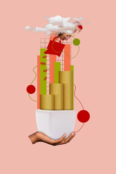 Creatieve Trend Collage Van Hand Holding Bloempot Plant Kapitaal Fondsen — Stockfoto
