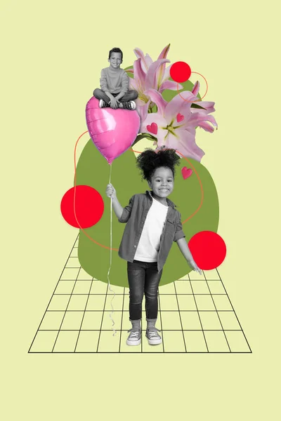 Pionowe Kolaż Obraz Czarny Biały Kolory Wesoły Dziewczyna Trzymać Balon — Zdjęcie stockowe