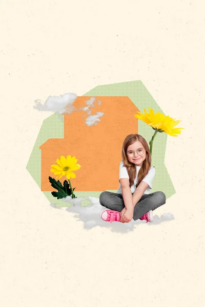 Imagen Collage Vertical Encantadora Mini Chica Divertida Sentada Nubes Frescas —  Fotos de Stock