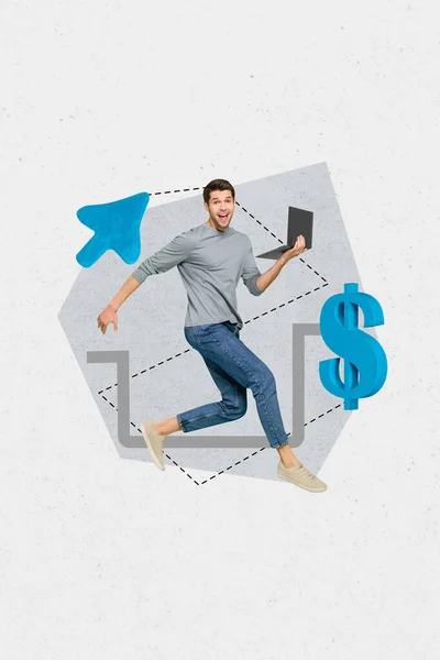 Vertical Collage Excited Crazy Guy Hold Netbook Running Arrow Pointer — Stock Photo, Image