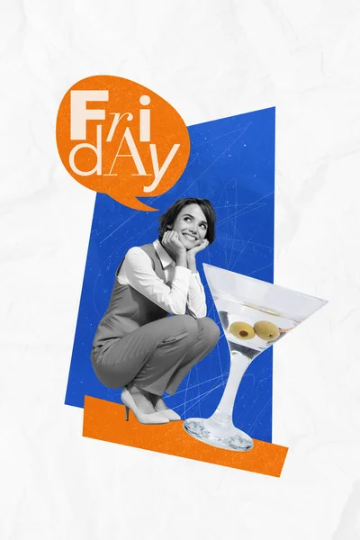 Vertikale Kreative Collage Bild Von Lustigen Jungen Frauen Verträumt Freitag — Stockfoto