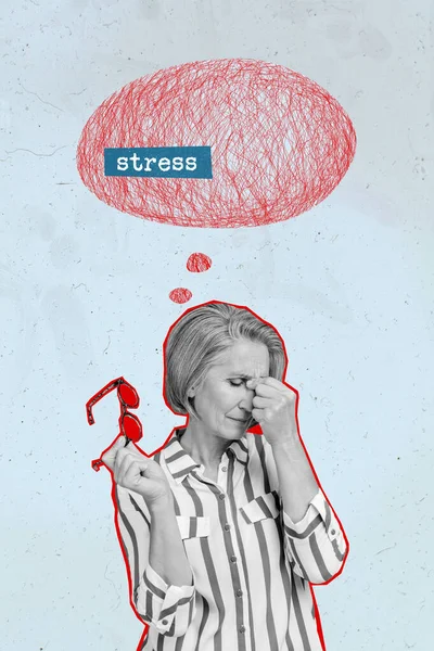 Kreativ Teckning Collage Bild Stressad Deprimerad Gammal Mogen Kvinnlig Migrän — Stockfoto