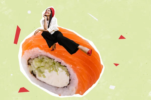Kreatif Gambar Kolase Gadis Cantik Mini Elegan Duduk Besar Sushi — Stok Foto