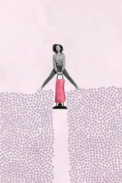 Verticale Collage Beeld Van Zwart Wit Effect Opgewonden Meisje Springen — Stockfoto