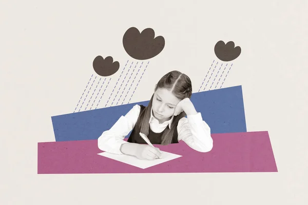 クリエイティブレトロ3D雑誌コラージュ画像の不幸な悲しい小さな女の子嫌い準備宿題孤立したベージュ色の背景 — ストック写真