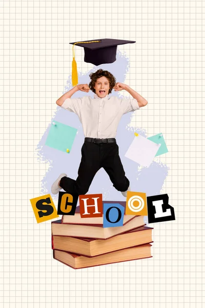 Verticale Collage Van Opgewonden Mini Jongen Springen Boven Grote Stapel — Stockfoto