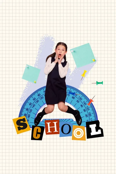 Függőleges Kollázs Kép Mini Lenyűgözött Lány Ugrás Nagy Szögmérő Iskolai — Stock Fotó