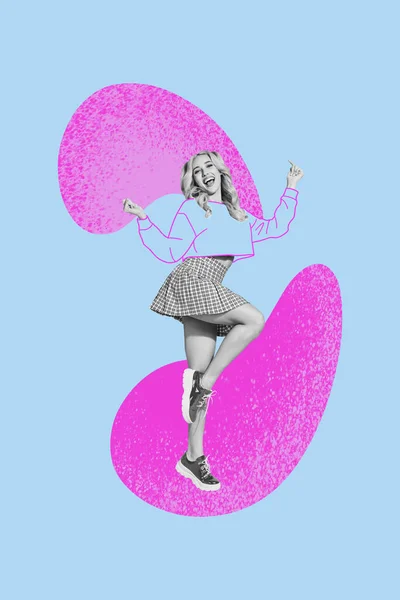 Вертикальный Абстрактный Композитный Фотоколлаж Веселых Оптимистичных Девушек Танцующих Фоне Творческого — стоковое фото