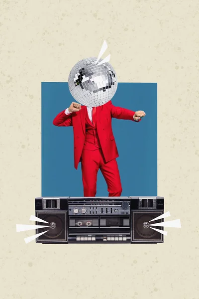 Creative Collage Head Disco Ball Music Lover Dancing Boombox Cassette — Stock Photo, Image