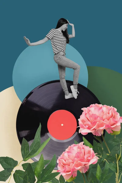 Magazine Collage Artwork Carefree Positive Girl Ακούστε Ρετρό Μουσική Hits90S — Φωτογραφία Αρχείου