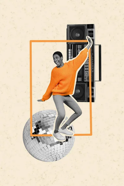 Poster Collage Kunstwerk Bild Von Fröhlichen Mädchen Tanzen Hören Retro — Stockfoto