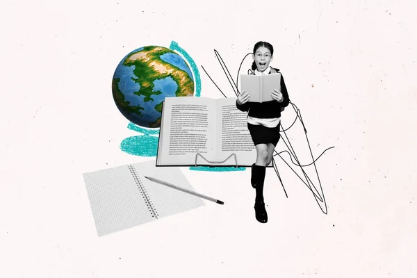 興奮ミニ黒白のコラージュの肖像女の子のブックホルダーノートパッド鉛筆大きな惑星地球の地球創造的な背景に隔離された — ストック写真