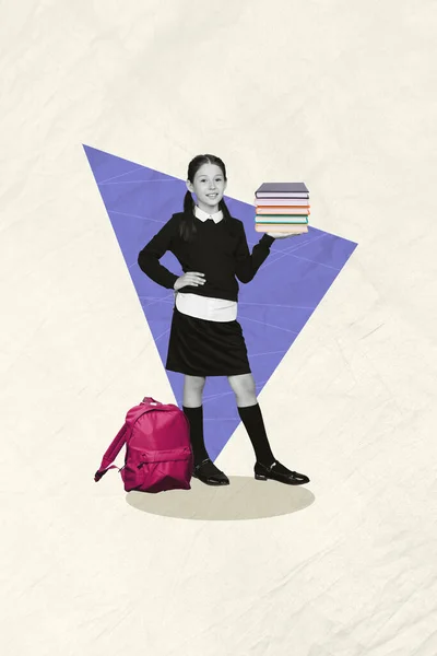 Vertical Collage Little Funky Schoolgirl Hold Pile Books Enjoy Studying — Stock Photo, Image