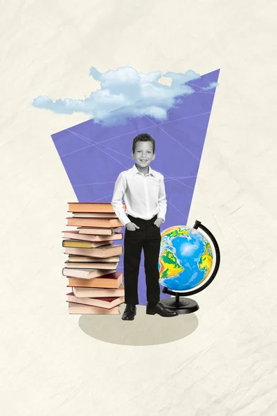 Collage Compuesto Vertical Niño Que Estudia Escuela Usan Uniforme Aula — Foto de Stock
