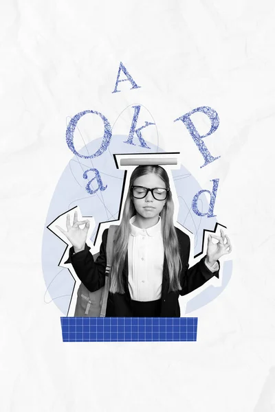 Collage Picture Artwork Young Schoolgirl Επιμελές Βιβλίο Ισορροπίας Κεφαλαία Γράμματα — Φωτογραφία Αρχείου