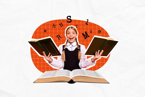Daha Fazla Yeni Kelime Öğrenen Çalışkan Kızın Kolaj Afişi Arka — Stok fotoğraf