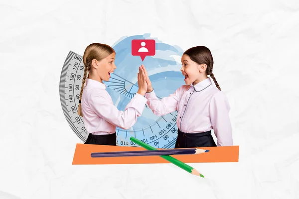Kreatív Együttműködés Sablon Osztálytársak Két Lány Kollázs Kép Pacsi Csapatmunka — Stock Fotó