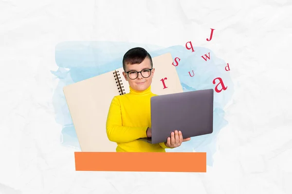 Collage Placard Small Funky Nerd Academic Diligent Hold Netbook Writing — Stock Photo, Image