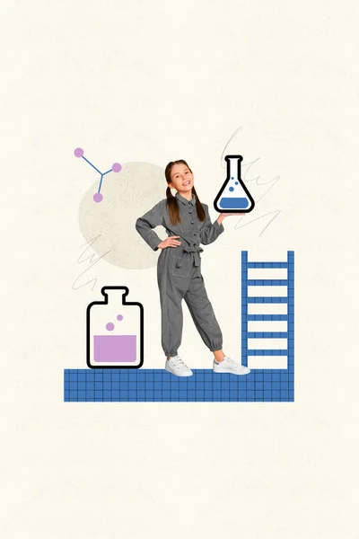 Collage Bild Liten Skolflicka Hålla Molekylär Formel Reagens Rör Flytande — Stockfoto