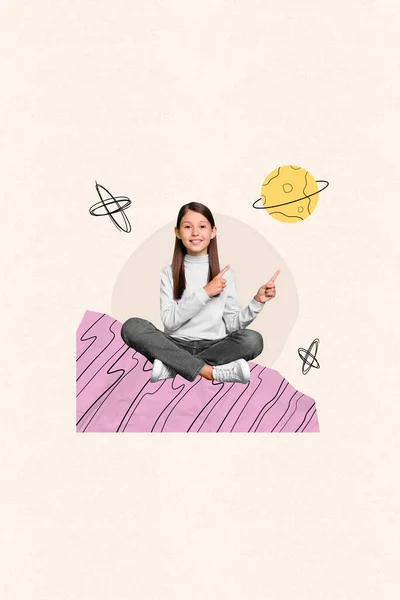 Kompozytowy Obraz Kolażu Inteligentny Inteligentny Inteligentny Dziewczynka Uczennica Palce Punkt — Zdjęcie stockowe