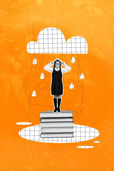 Verticale Collage Schets Regenachtige Wolken Regent Weer Grappige Schoolkinderen Meisje — Stockfoto