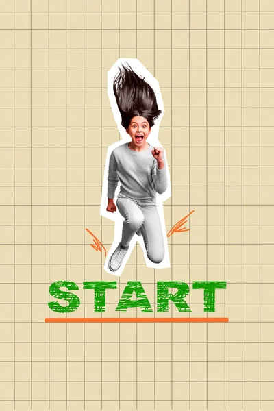 Vertikale Collage Bild Von Überglücklich Funky Mädchen Springenden Start Isoliert — Stockfoto