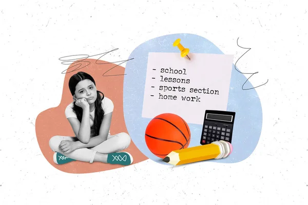 作品コラージュ画像の未満足ミニ黒白の少女スケジュールプランナー鉛筆計算バスケットボールの創造的な背景に隔離された — ストック写真