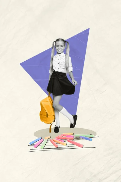 Banner Collage Bild Von Niedlichen Kleinen Schulmädchen Halten Rucksack Posiert — Stockfoto