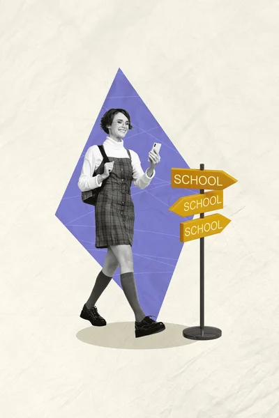 Collage Foto Diseño Mujer Joven Divertida Usar Uniforme Caminar Con — Foto de Stock
