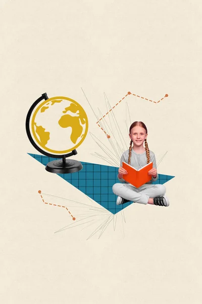 Collage Vertical Imagen Chica Feliz Inteligente Leer Libro Preparar Tarea —  Fotos de Stock