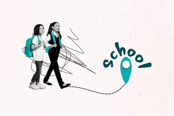 两名黑人白人女孩背着背包走在学校道路上导航定位标志的创意拼贴图像 — 图库照片