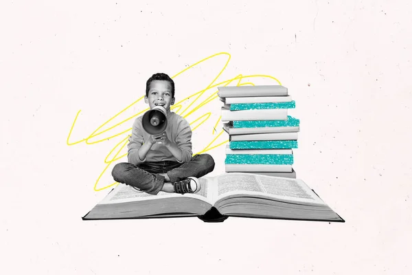 幸せなミニ黒の白い効果少年のコラージュ写真座って巨大オープンブックトーク通信スピーカー絶縁上絵の背景 — ストック写真
