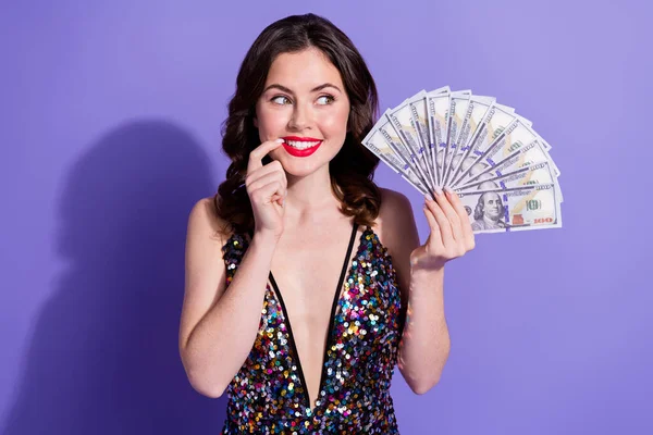 Photo Bachelorette Lady Hold Million Dollars Carnival Birthday Preparation Special — Stock Photo, Image