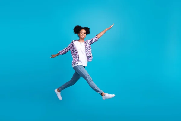 Full Length Photo Funky Adorable Lady Wear Plaid Shirt Jumping — Stock Photo, Image