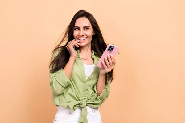 Portrait Adorable Lovely Woman Wear Green Shirt Hold Smartphone Look — Stock Photo, Image