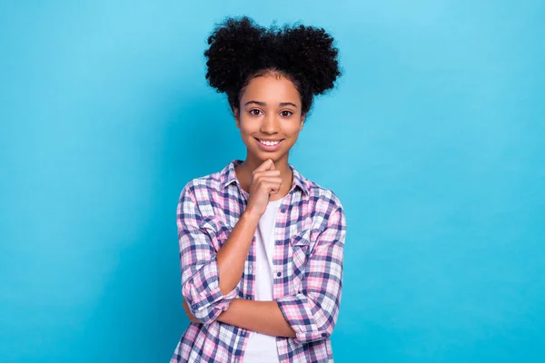 Portrait Adolescent Optimiste Avec Une Coiffure Afro Porter Chemise Carreaux — Photo