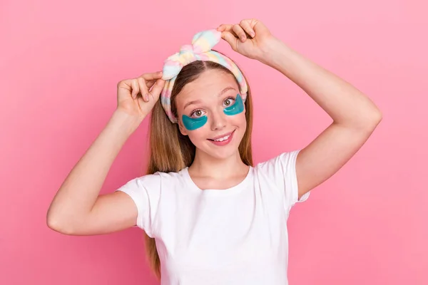Portrait Nice Positive Teen Girl Arms Tying Headband Hydration Eye — Stock Photo, Image