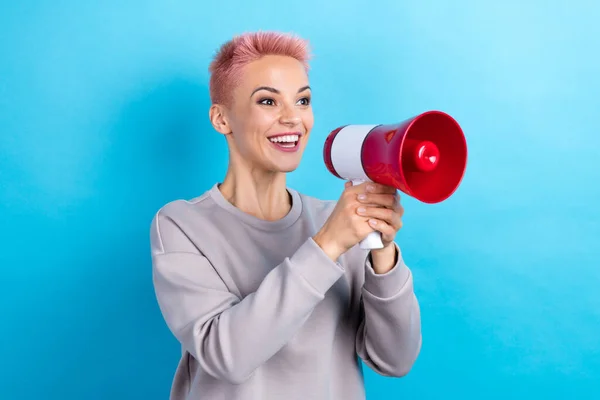 Photo Cheerful Pretty Person Hands Hold Loudspeaker Look Communicate Empty — Stock Photo, Image