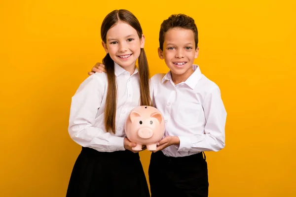 Photo Two Pupils Schoolkid Boy Girl Hold Piggy Bank Money — 스톡 사진