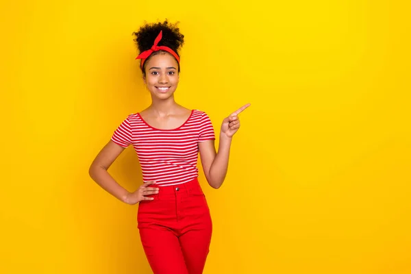 Photo Positive Sweet Girl Dressed Red Striped Shirt Pointing Finger — Stock Photo, Image