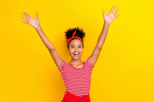 Photo Cheerful Excited Girl Dressed Red Striped Shirt Smiling Rising —  Fotos de Stock